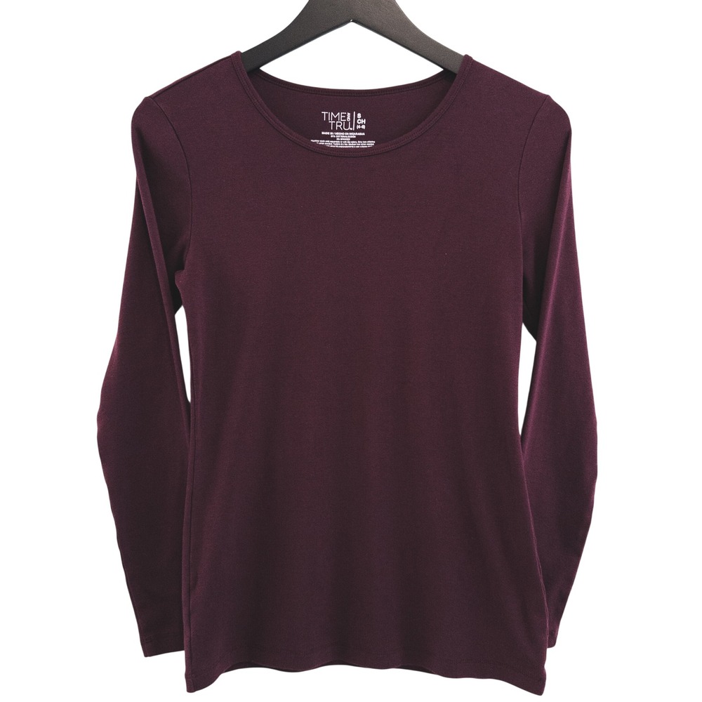 Time and Tru Long Sleeve Shirt Womens Small Burgundy Basic Tee Casual Top